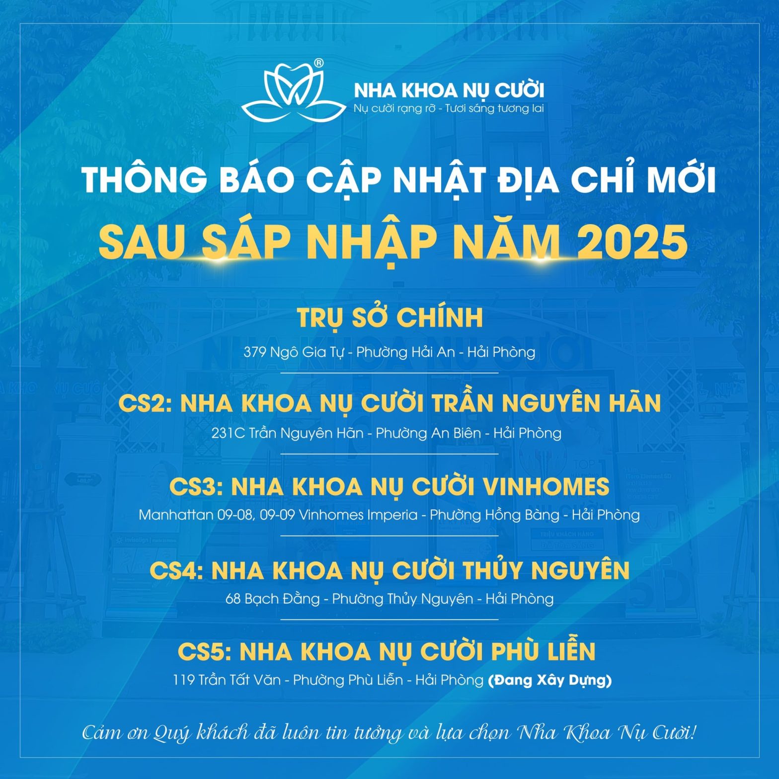 CẬP NHẬT ĐỊA CHỈ TOÀN HỆ THỐNG NHA KHOA NỤ CƯỜI