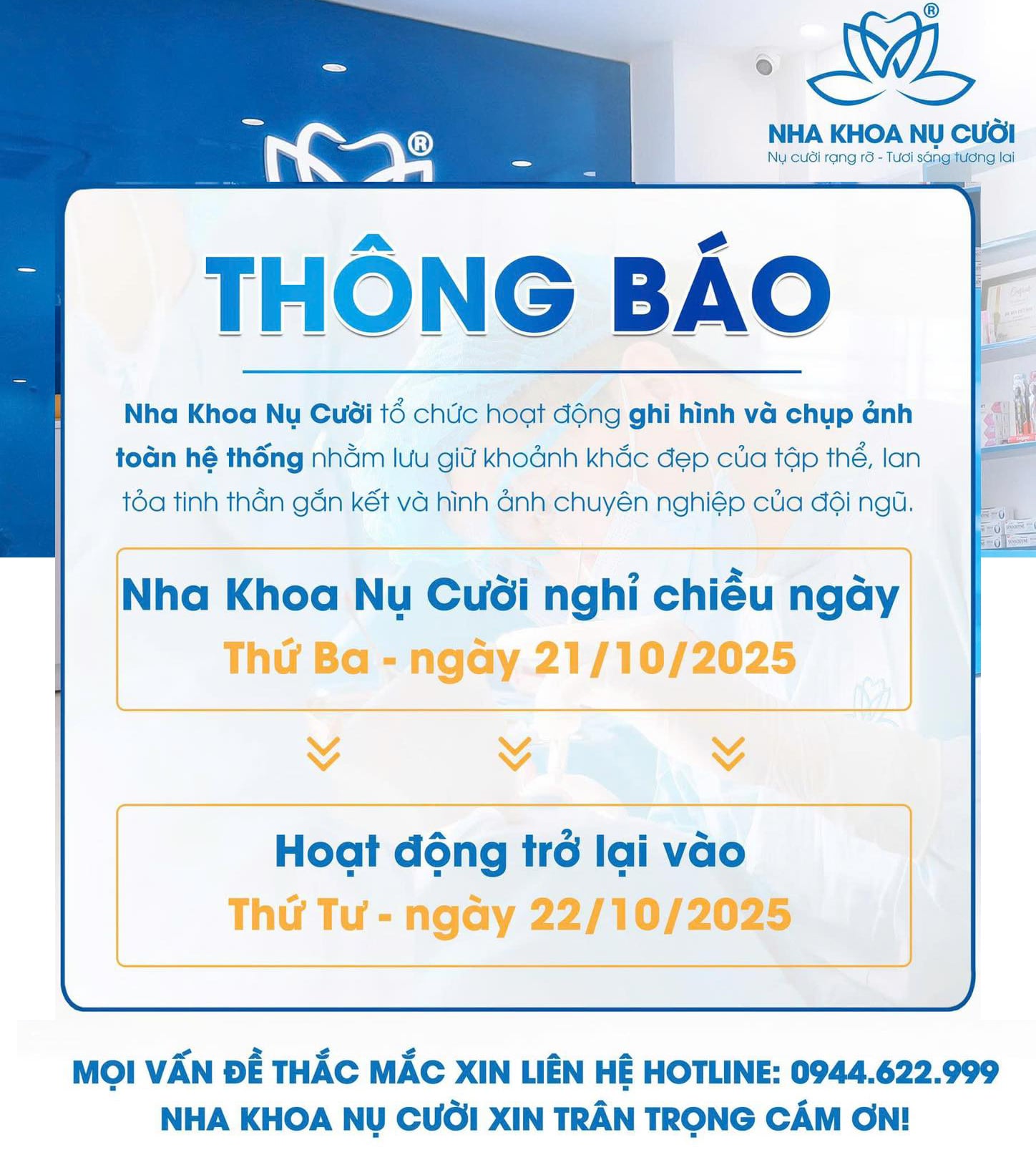 Nha Khoa Nụ Cười Tạm Ngưng Hoạt Động Chiều 21/10/2025