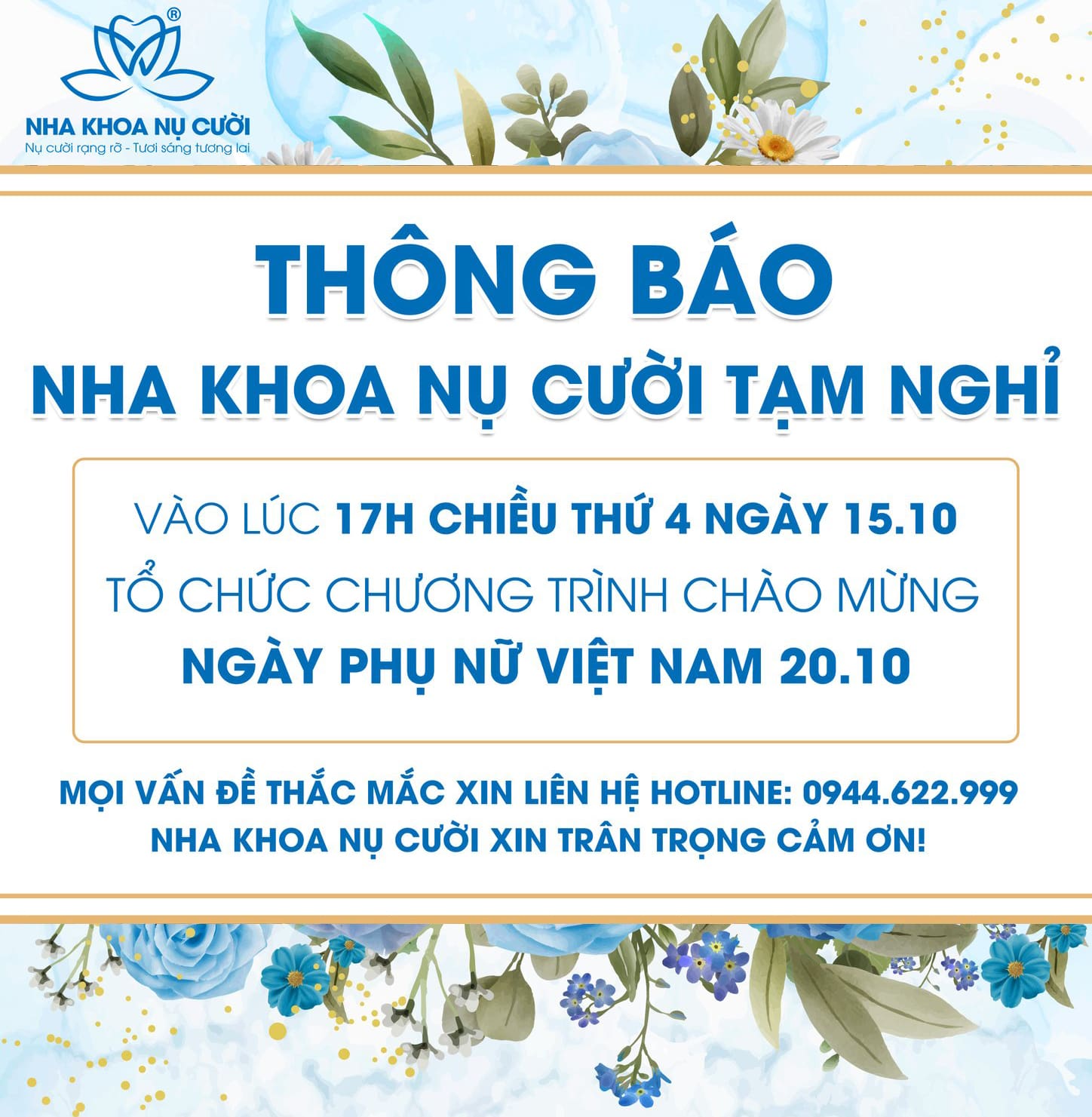 Lịch Nghỉ Mừng 20/10 Tại Nha Khoa Nụ Cười